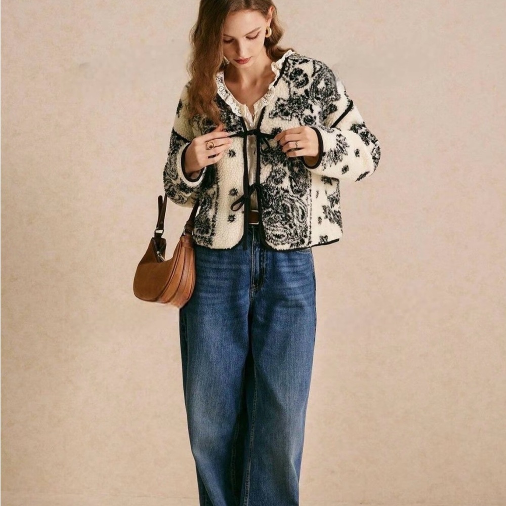 Women's Paisley Print Tie Neck Fuzzy Jacket
